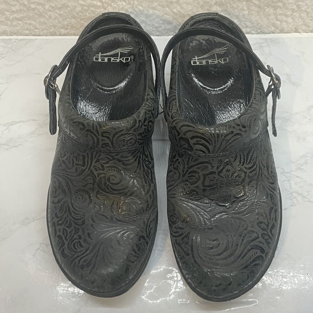 Dansko Shoes Womens Size 37 Black Embossed Leather Mary Jane Comfort Clogs Strap - Picture 2 of 10